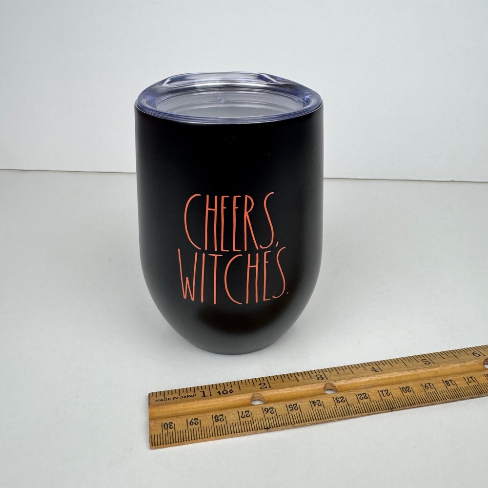 Rae Dunn Cheers Witches 12oz Double Wall Stainless Steel Wine Cup w‎ Clear Lid